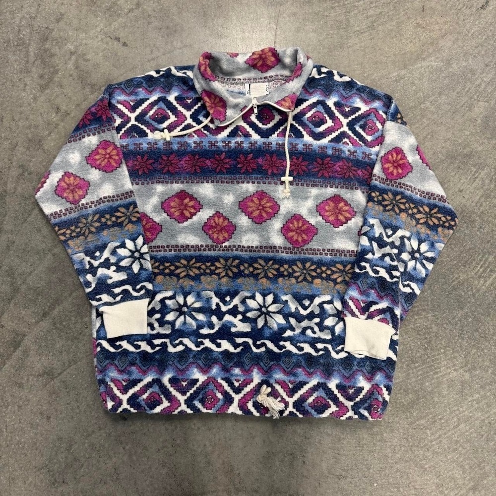 Vintage Aztec Fleece Pullover Western Quarter Zip Small USA Oversized Mock Neck